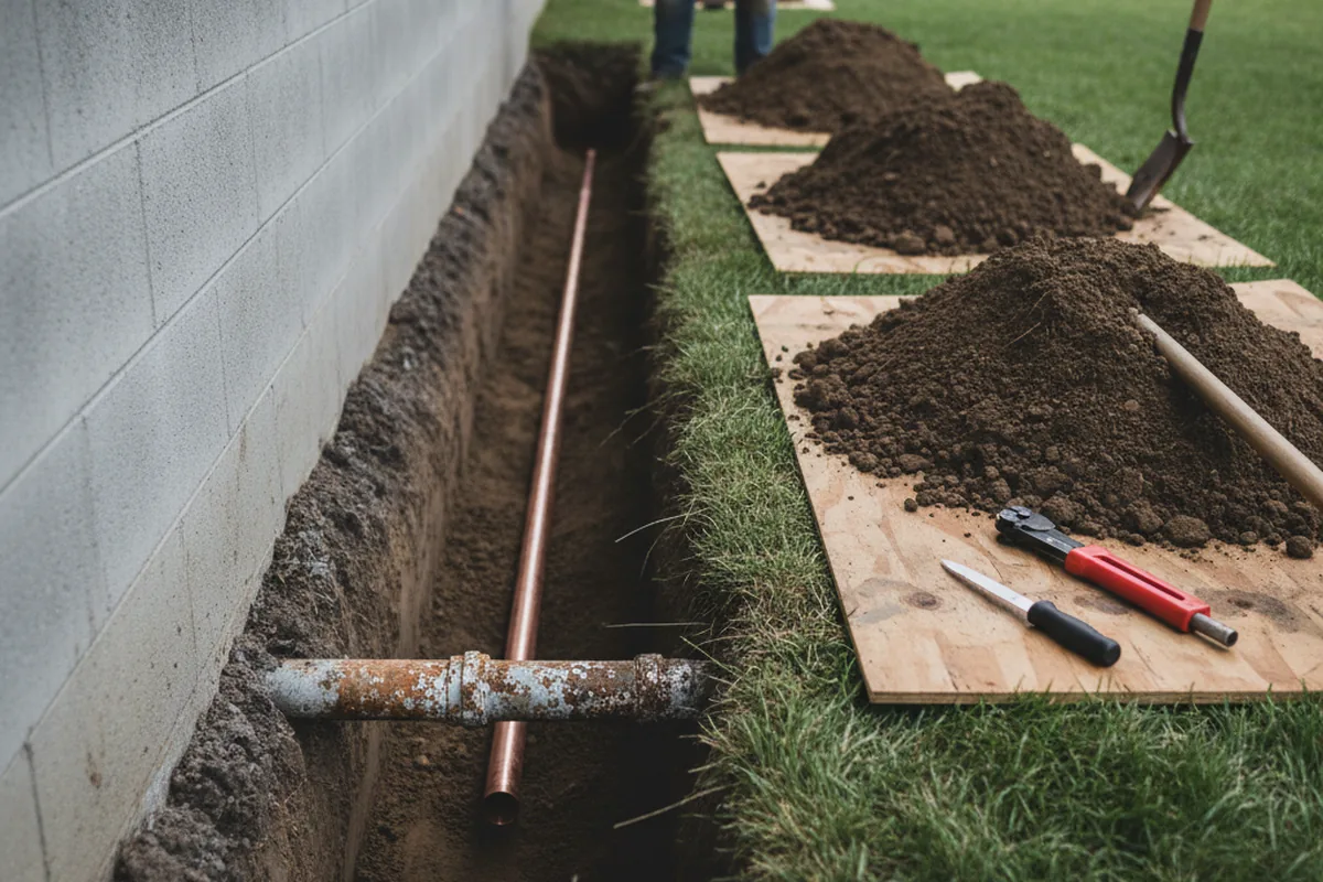 Excavated water line trench during Water Softener Installation in Hamlet